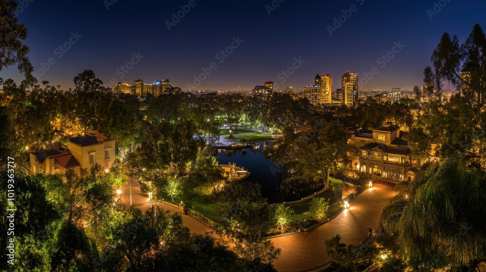 A serene nighttime view of a balboa city park with illuminated pathways and buildings. A serene nighttime view of a balboa city park with illuminated pathways and buildings.