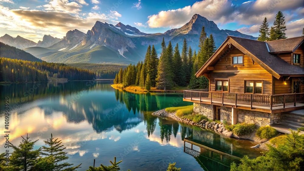 Fototapeta premium Serene mountain lake with wooden cabin nestled on the shore, a reflection of the majestic peaks and fluffy clouds mirrored in the tranquil waters.
