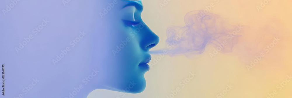 A woman's face, rendered in a blue hue, exhales a plume of purple smoke. A woman's face, rendered in a blue hue, exhales a plume of purple smoke.