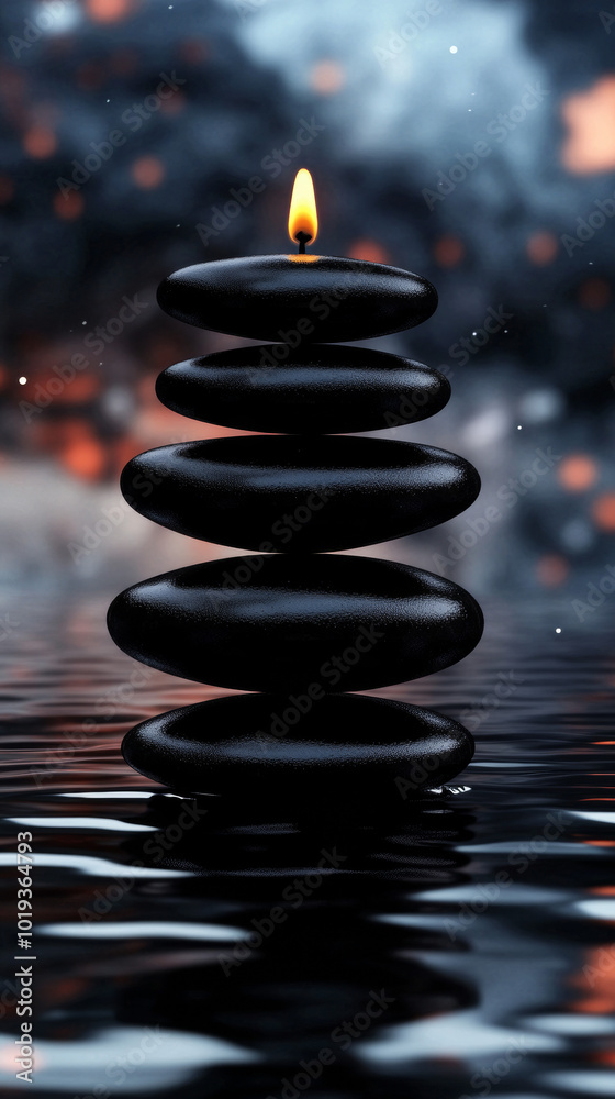 A single candle flame sits atop a stack of smooth black stones floating on water. A single candle flame sits atop a stack of smooth black stones floating on water.