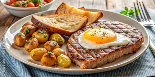 A plated meal of grilled meat, a fried egg, roasted potatoes, and toast, ready to be enjoyed.