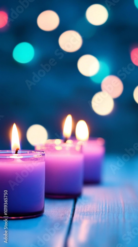 Wallpaper Mural Four purple candles lit and glowing on a wooden table with a bokeh background of colorful lights. Torontodigital.ca