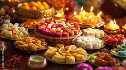 A table display of Indian sweets and desserts, arranged in golden plates, with lit candles and a teacup in the foreground. photo