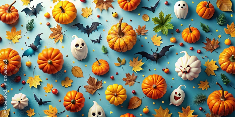 Spooky and Colorful Halloween Wallpaper Featuring Pumpkins, Bats, and Ghostly Elements for Festivity Spooky and Colorful Halloween Wallpaper Featuring Pumpkins, Bats, and Ghostly Elements for Festivity