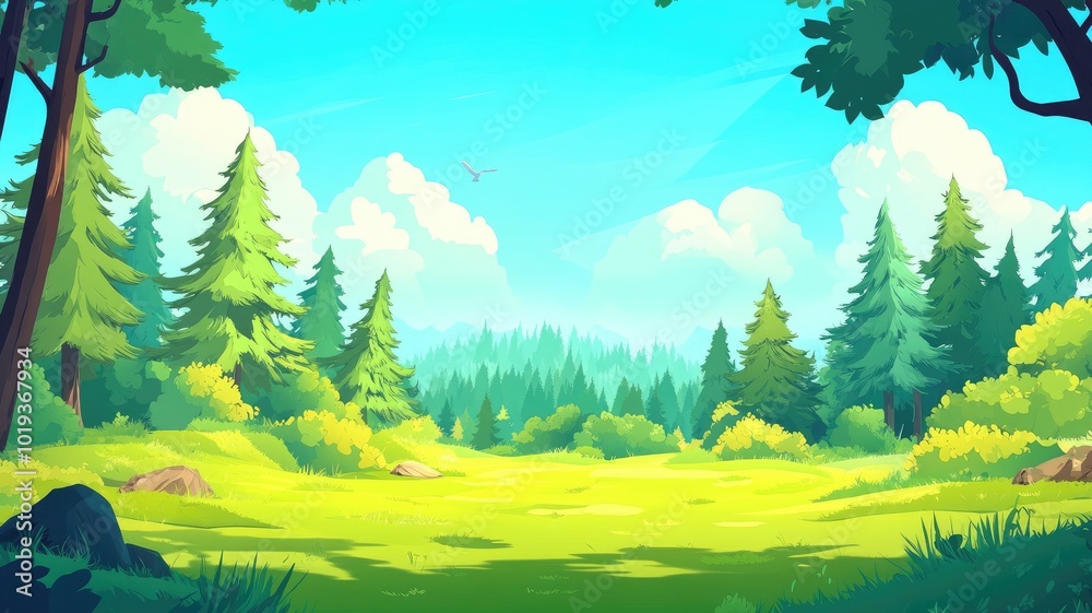 Lush Green Forest Clearing with a Blue Sky and White Clouds Lush Green Forest Clearing with a Blue Sky and White Clouds