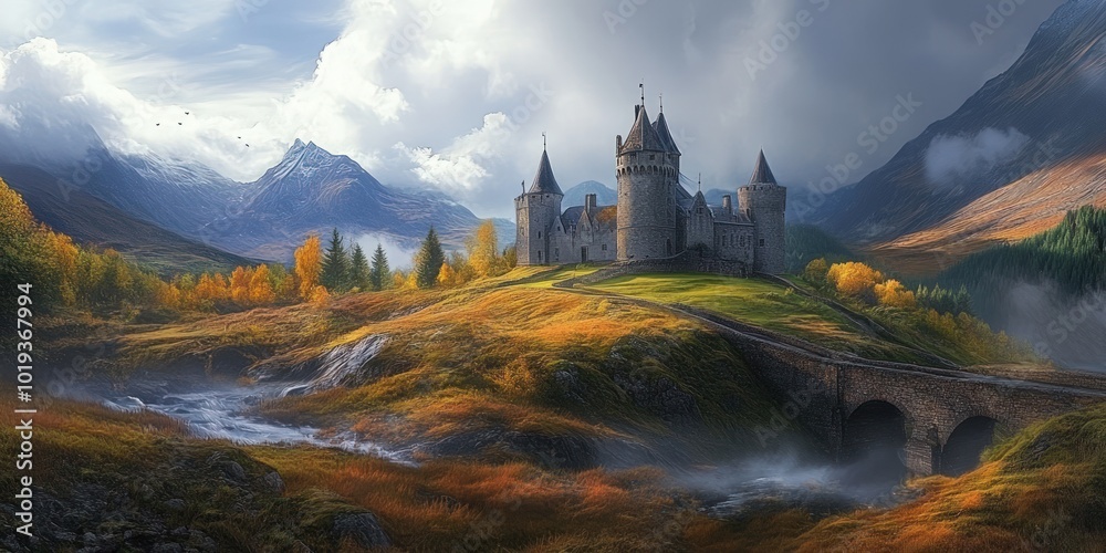 A majestic stone castle sits atop a hill overlooking a valley with a river, bridge, and mountains in the background. A majestic stone castle sits atop a hill overlooking a valley with a river, bridge, and mountains in the background.