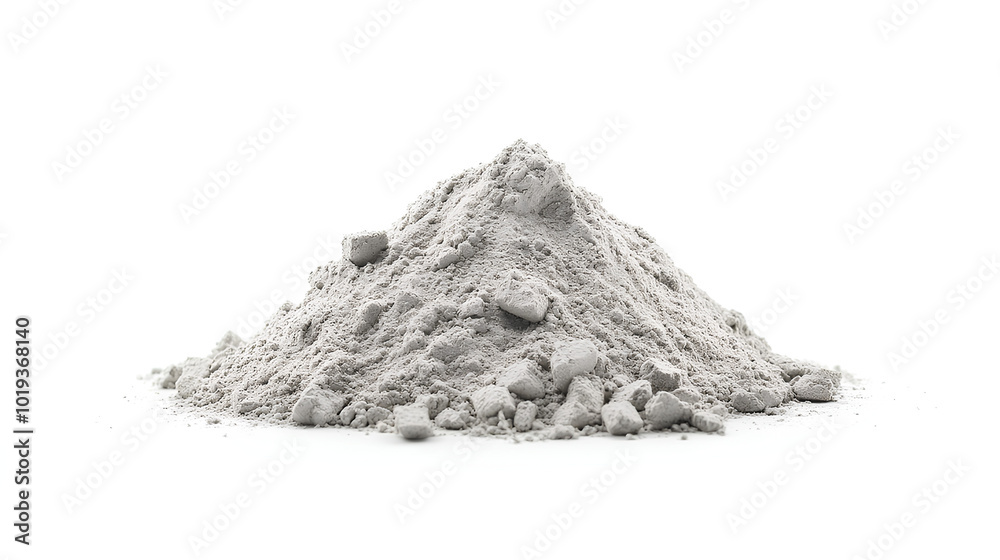 A close-up of a pile of grey powdered material isolated on a white background. A close-up of a pile of grey powdered material isolated on a white background.