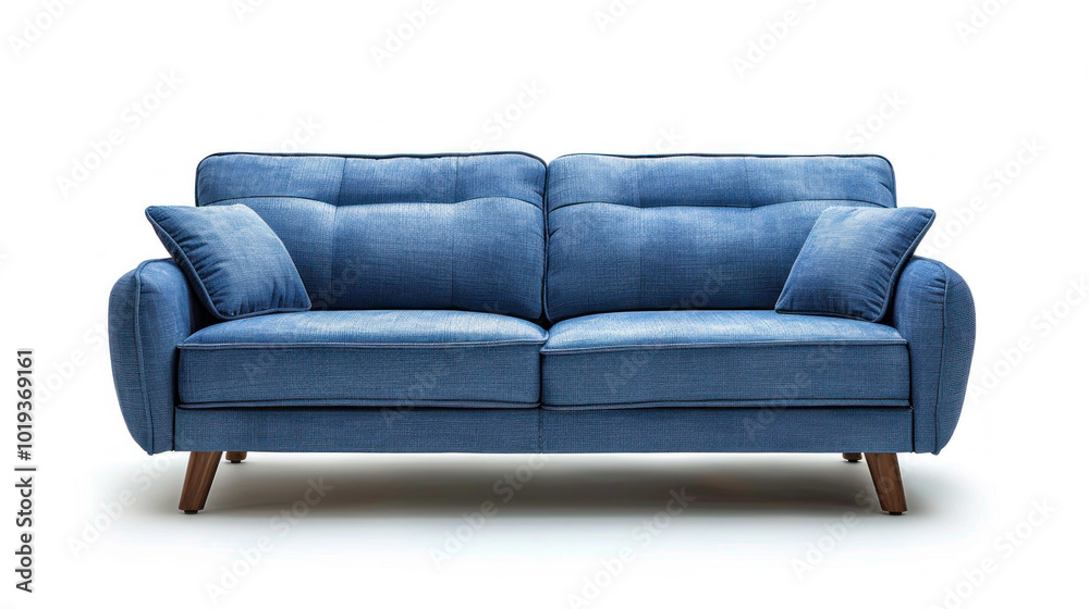 Blue couch with wooden legs and arms, adorned with colorful throw pillows, against a white wall decorated with abstract paintings. Blue couch with wooden legs and arms, adorned with colorful throw pillows, against a white wall decorated with abstract paintings.