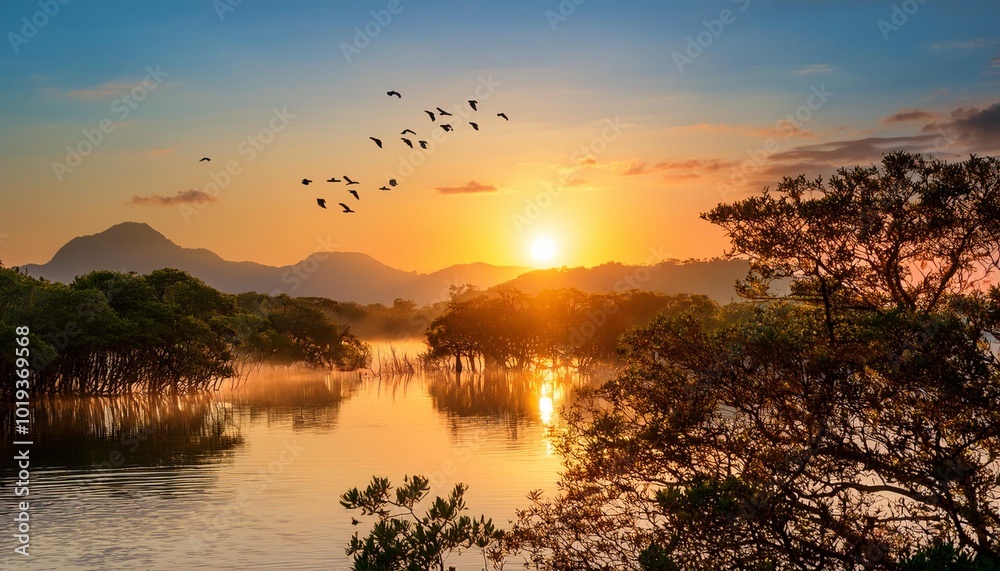 Fototapeta premium Sunrise Over a Tranquil Lagoon Surrounded by Mangroves and Exotic Birds, Captured in the Early Morning Light for a Serene and Vibrant Nature Landscape Scene