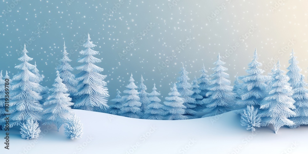 A snowy winter scene with a forest of frosted pine trees and falling snow, perfect for a festive backdrop. A snowy winter scene with a forest of frosted pine trees and falling snow, perfect for a festive backdrop.