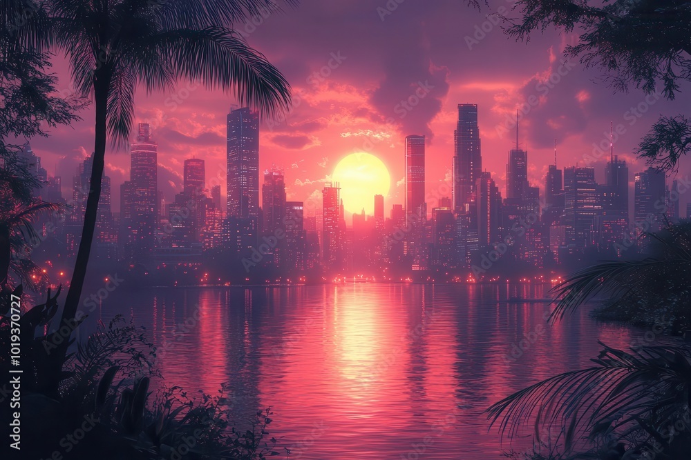 Obraz premium retrofuturistic cityscape at sunrise pastel neonlit skyscrapers reflecting warm light with silhouetted palm trees in the foreground