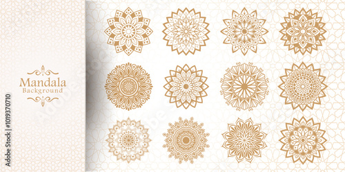 A Set of hand drawn mandala elements, Luxury mandala background with golden arabesque pattern Arabic Islamic east style, Ornamental mandala with golden color arabesque floral pattern