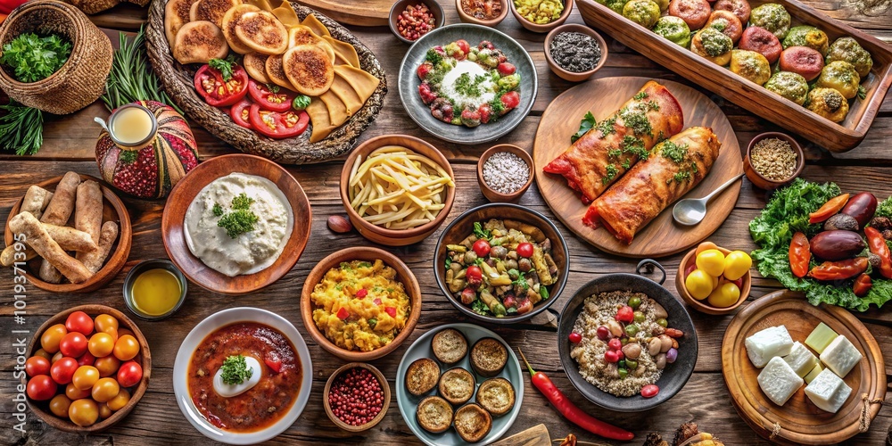 A rustic wooden table laden with a vibrant array of diverse culinary creations, showcasing an eclectic mix of textures, colors, and flavors. A rustic wooden table laden with a vibrant array of diverse culinary creations, showcasing an eclectic mix of textures, colors, and flavors.