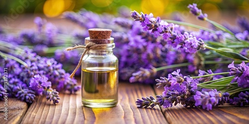 Aromatic Lavender Oil in a Glass Bottle with Delicate Purple Flowers on a Rustic Wooden Surface