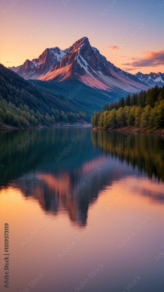 Fototapeta premium Snow-capped mountains reflected in the lake