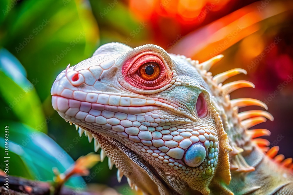 Fototapeta premium Stunning Albino Iguana with Unique White Scales and Bright Red Eyes in Natural Habitat Setting