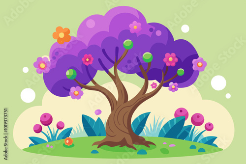 Fantasy tree with flowers purple scenery vector art illustration photo