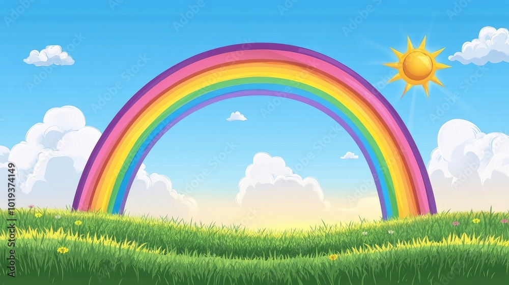 Rainbow Arcing Over a Green Meadow with a Shining Sun and Fluffy Clouds Rainbow Arcing Over a Green Meadow with a Shining Sun and Fluffy Clouds