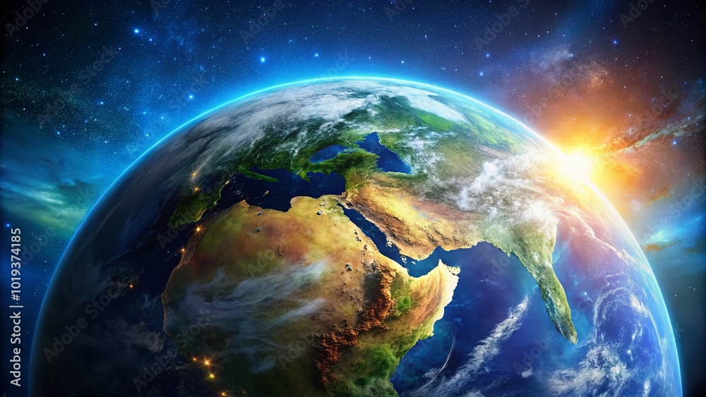 Stunning Artistic Depiction of Earth from Space Illustrating Planet's Beauty and Cosmic Environment