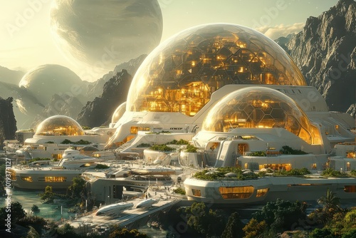 Obraz na płótnie retrofuturistic space colony geodesic domes housing lush gardens sleek shuttles zooming between floating platforms backdrop of alien moons and swirling gas giants w salonie