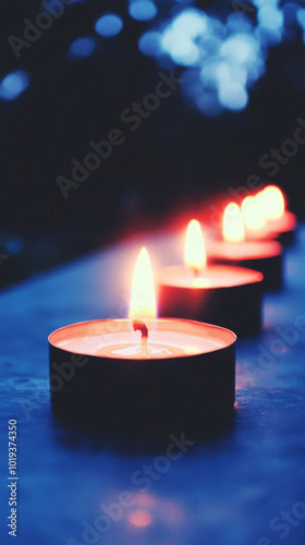 A row of tea lights glow in the dark, casting a warm light.