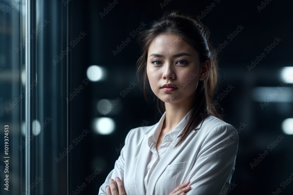 Obraz premium A young businesswoman with a serious expression stands confidently with arms crossed in a dimly lit modern office space..