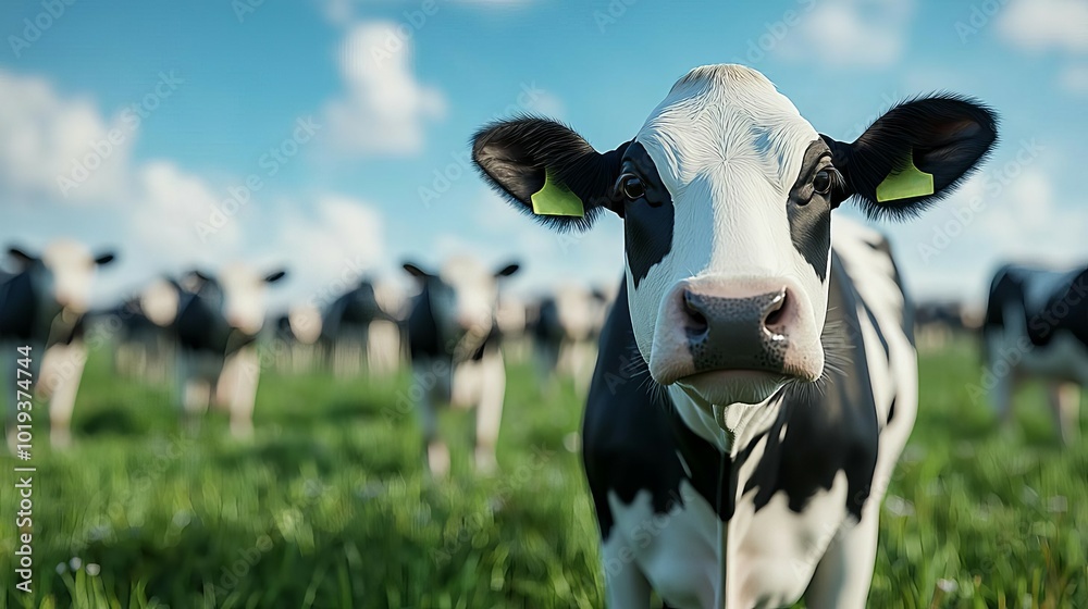 Black and white cow standing in a grassy field under a blue sky with clouds. Black and white cow standing in a grassy field under a blue sky with clouds.