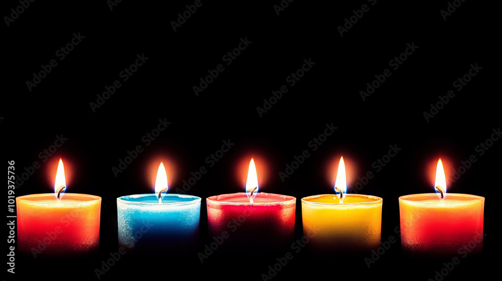 Five candles burning brightly in various colors against a dark background. Five candles burning brightly in various colors against a dark background.