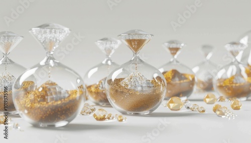 hourglass, time, luxury, elegance, decor A collection of elegant hourglasses filled with shimmering golden sand placed on a soft gradient background, showcasing the beauty of time and sophisticatio photo