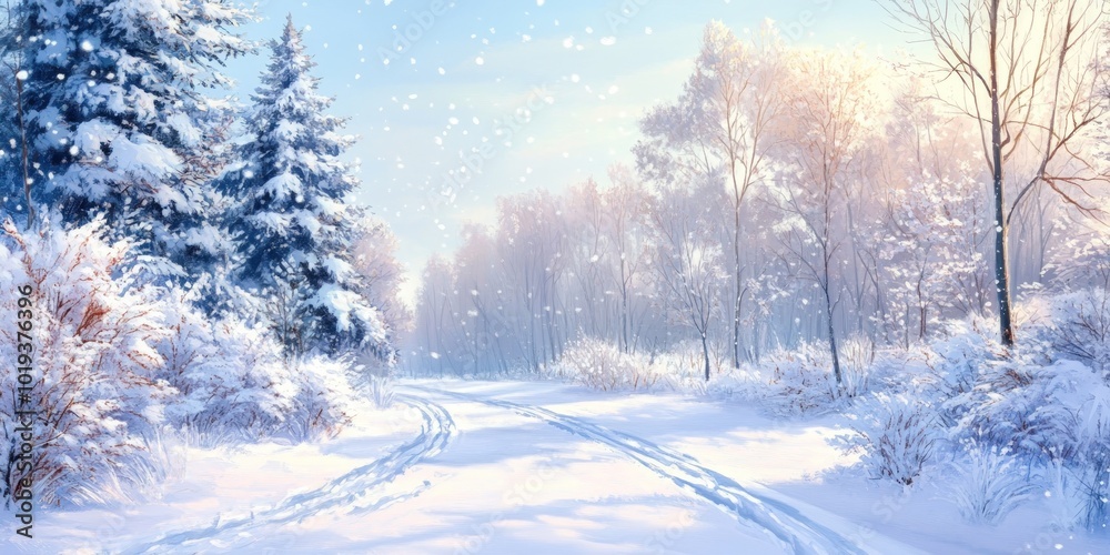 A snowy forest path with trees covered in white snow, illuminated by a soft, warm light.