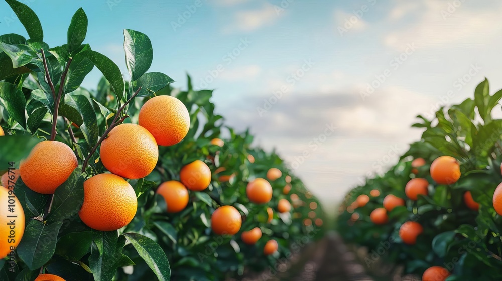 Vibrant orange trees lined up under a bright blue sky, showcasing healthy citrus fruits ready for harvest. Vibrant orange trees lined up under a bright blue sky, showcasing healthy citrus fruits ready for harvest.