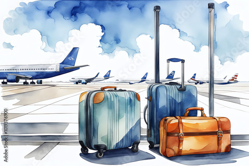 Watercolour Illustration colorful suitcase in international airport station. Travel Scene with Suitcase.Craft a watercolor Travel Bags a vacation holiday climate theme