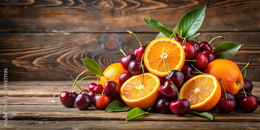A vibrant medley of ripe oranges and juicy cherries, a feast for the senses, displayed against a backdrop of weathered wood. A vibrant medley of ripe oranges and juicy cherries, a feast for the senses, displayed against a backdrop of weathered wood.