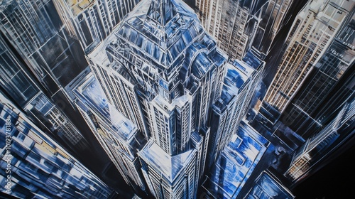 Abstract painting of skyscrapers from above.