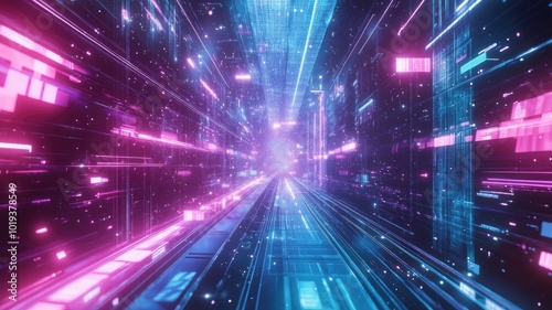 Abstract Digital Tunnel with Neon Lights and Data Streams