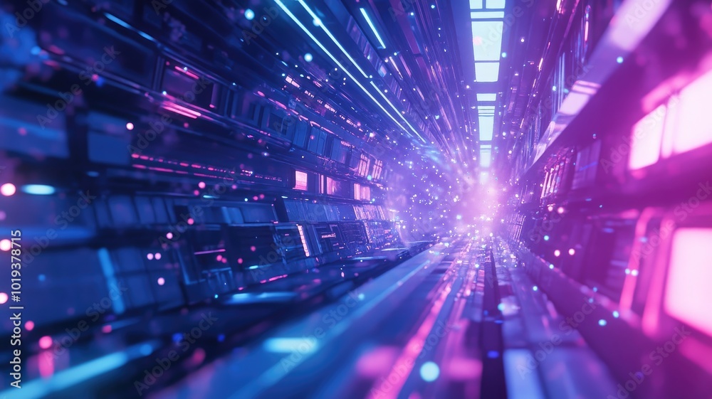 Obraz premium Futuristic Neon-Lit Corridor with Glowing Particles
