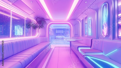 Futuristic Lounge with Neon Lights and Starry Windows