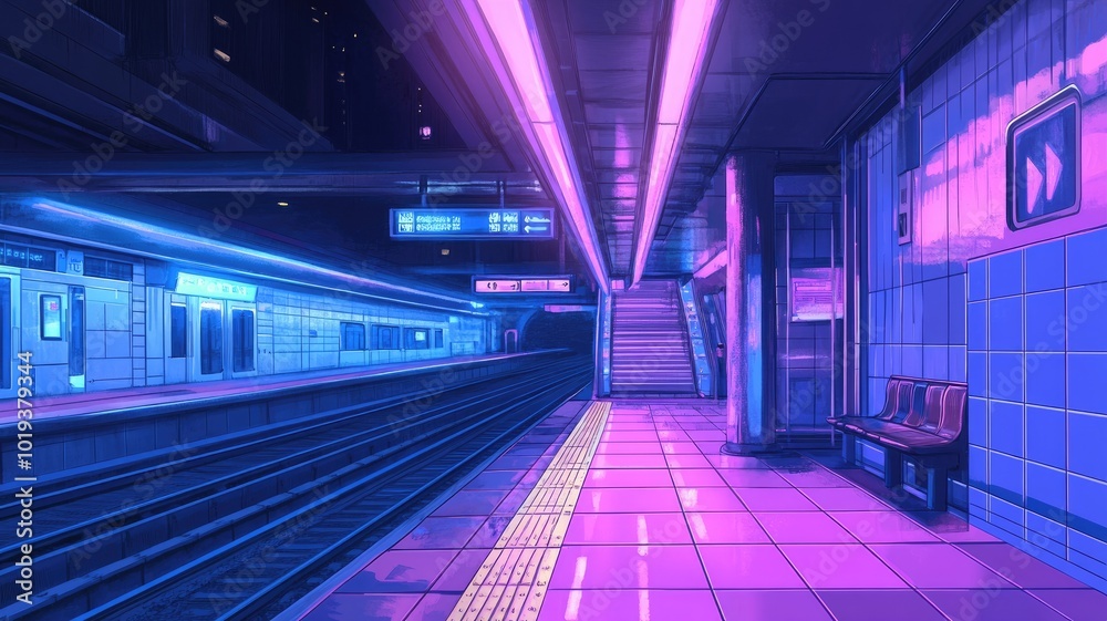 Fototapeta premium A deserted subway platform illuminated by neon lights at night.