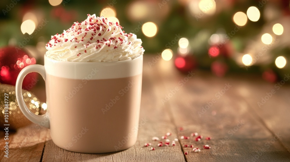 Rich Christmas Peppermint Mocha with whipped cream and red-white sprinkles on rustic table, holiday decor background Rich Christmas Peppermint Mocha with whipped cream and red-white sprinkles on rustic table, holiday decor background