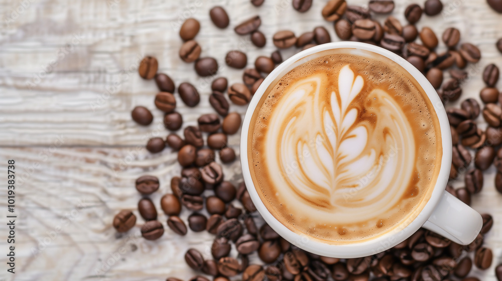 Latte Art Coffee with Coffee Beans on Wooden Table Latte Art Coffee with Coffee Beans on Wooden Table