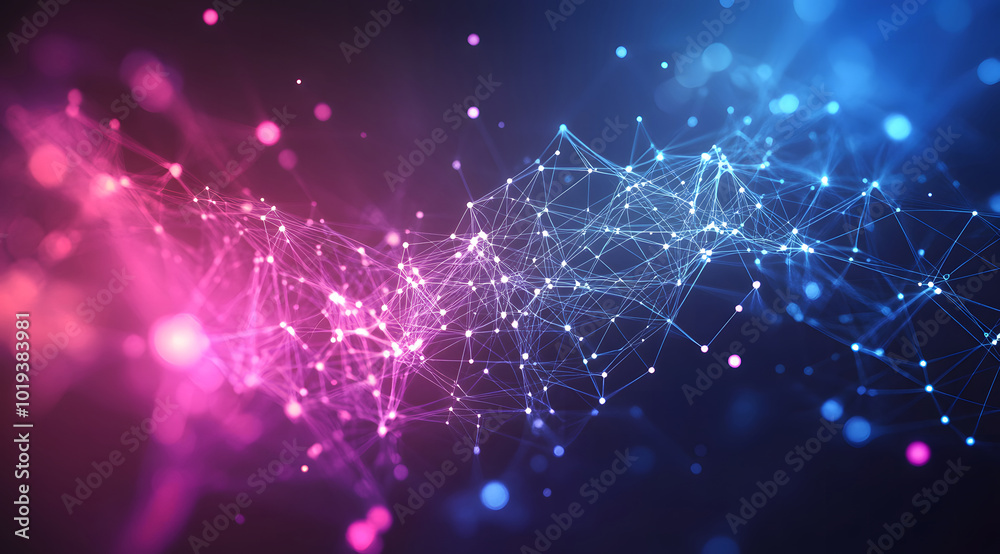 Obraz premium Abstract digital background with glowing connections and blue design, purple, and pink network lines design. Concept of technology design, data transfer, information exchange design, 