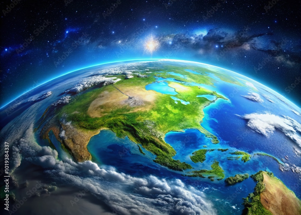 Fototapeta premium Stunning Earth View from Space Highlighting Vibrant Blue Oceans and Lush Green Landmasses in Orbit