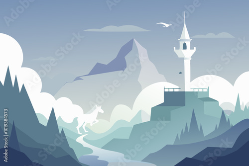  cute Fantasy tower with a unicorn foggy scenery vector art illustration
