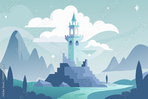  cute Fantasy tower with a unicorn foggy scenery vector art illustration