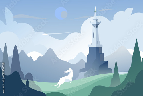  cute Fantasy tower with a unicorn foggy scenery vector art illustration
