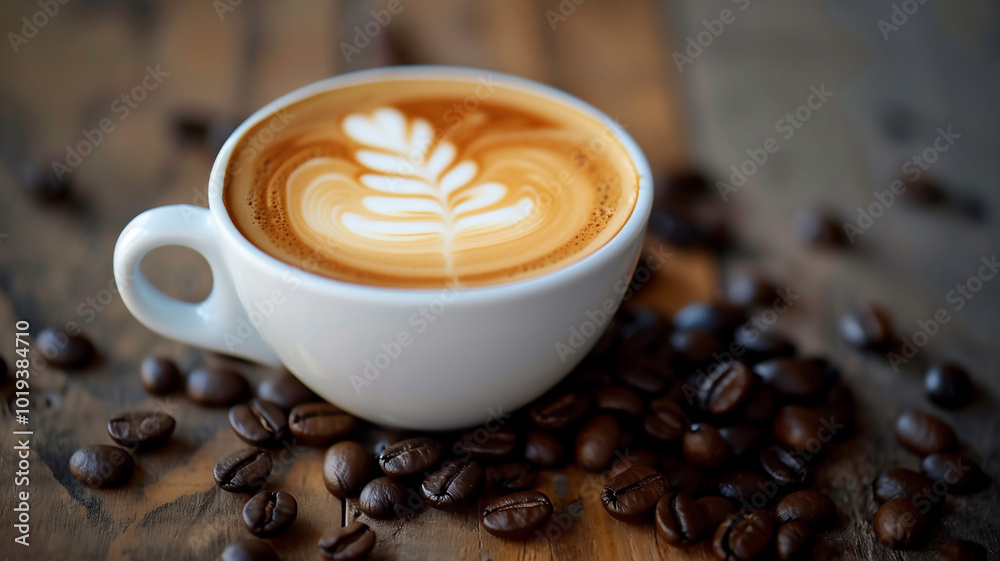 Fototapeta premium Latte Art Coffee with Coffee Beans on Wooden Table