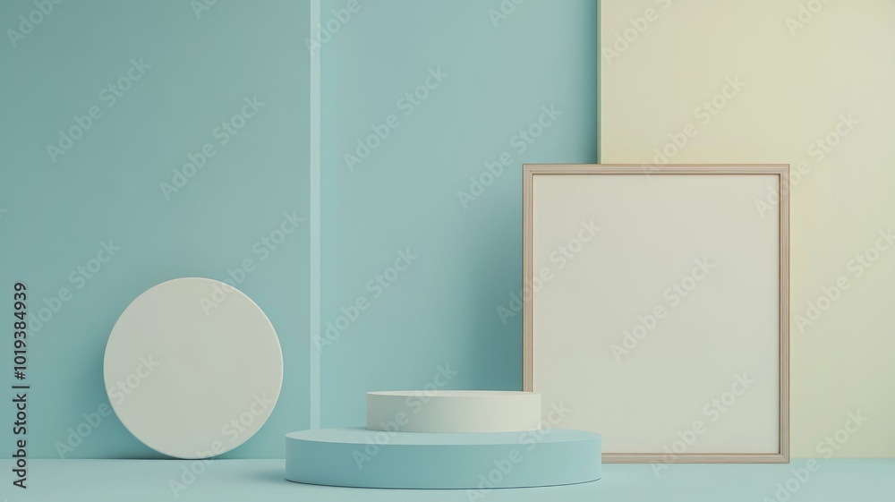 Abstract Minimalist Scene with Blue and White Cylinder Platform and a Blank Frame Abstract Minimalist Scene with Blue and White Cylinder Platform and a Blank Frame