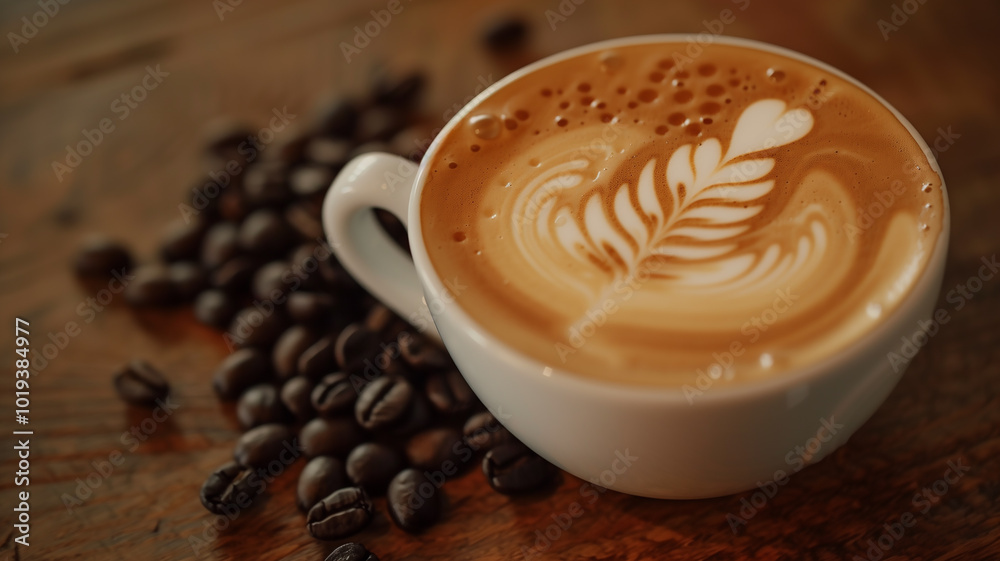 Latte Art Coffee with Coffee Beans on Wooden Table Latte Art Coffee with Coffee Beans on Wooden Table