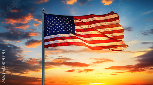 Fototapeta Naklejka Na Ścianę i Meble -  American flag waving in the wind against a sunset sky background with copy space