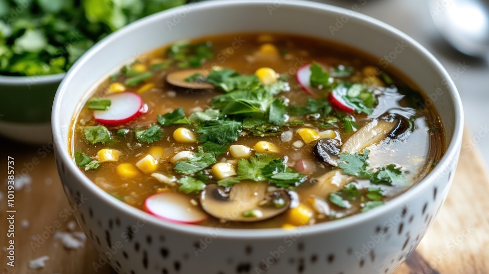 Close-up of a Bowl of Mushroom and Corn Soup with Cilantro Garnish Close-up of a Bowl of Mushroom and Corn Soup with Cilantro Garnish